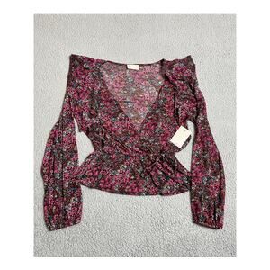 NWT So Sonoma Top Small Wrap Mesh Ruffle Floral Balloon Sleeve Deep V Cottage